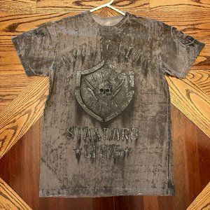 AFFLICTION Men's T-shirt Size M Short Sleeve Distressed Brown & Tan Skull